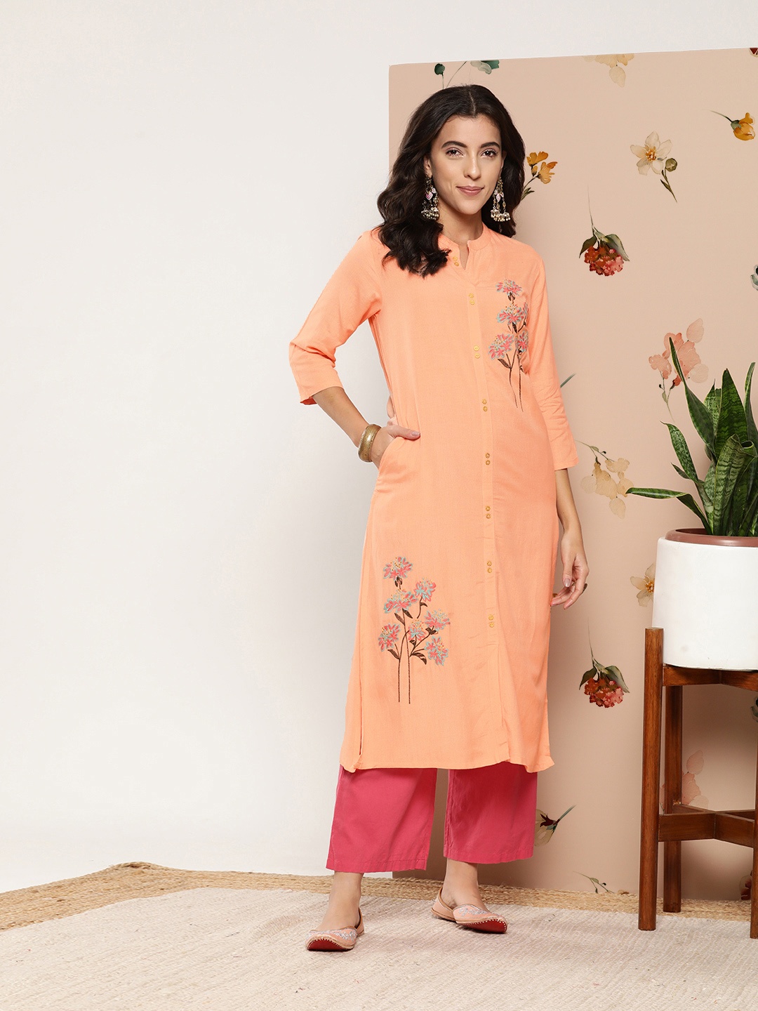 

Juniper Women Floral Embroidered Pastels A-Line Kurta, Peach