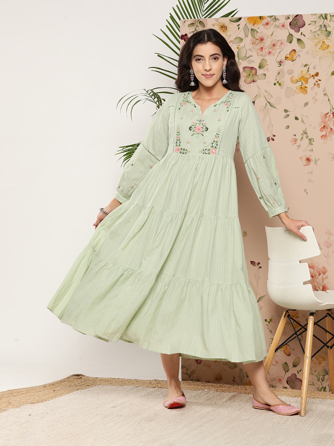 

Juniper Women Embroidered Tiered Fit & Flare Maxi Dress, Green