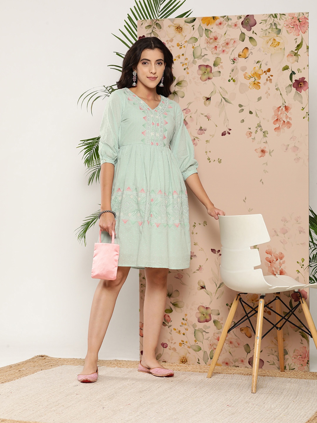 

Juniper Women Embroidered Tiered A-Line Dress, Sea green