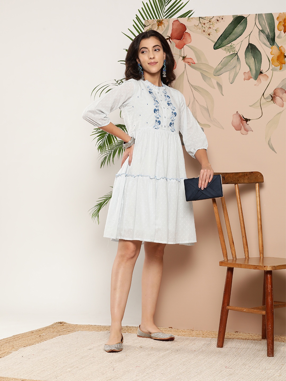 

Juniper Blue Embroidered Tiered Knee Length Dress