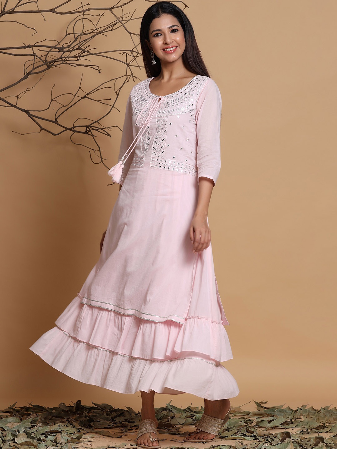 

Juniper Women Pink Cotton Embellished Layered Dress