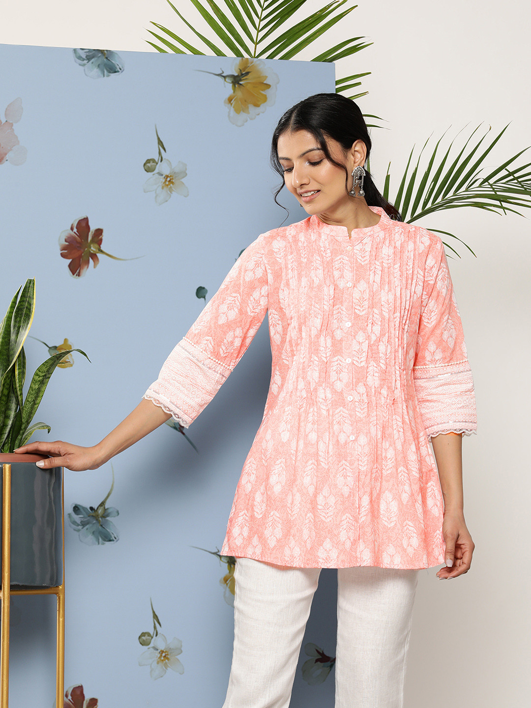 

Juniper Ethnic Motifs Printed Pleated Detail A-Line Tunic with Lace Insert Detail, Pink