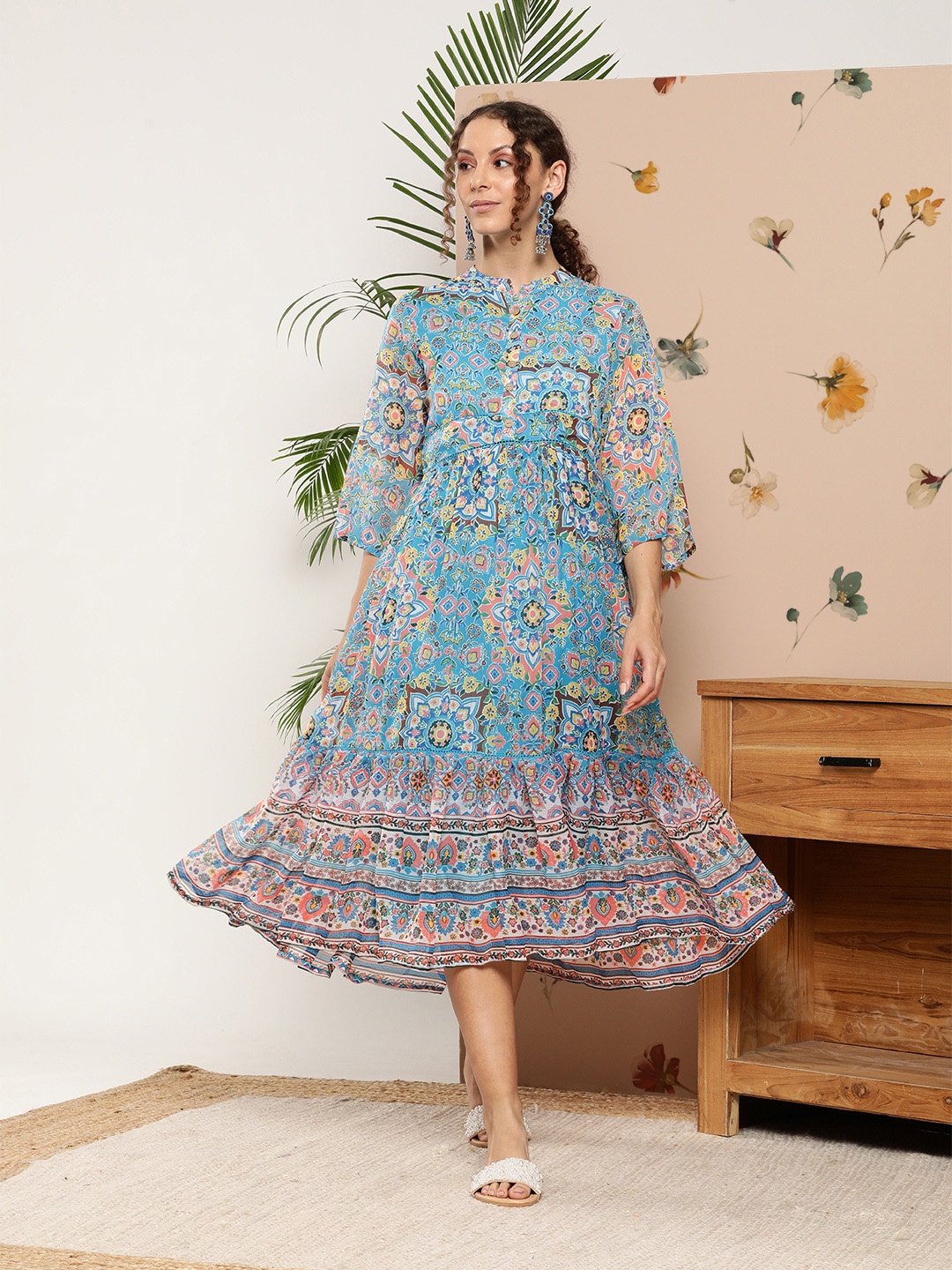 

Juniper Ethnic Motifs Printed Gathered & Pleated Detail Maxi Fit & Flare Ethnic Dress, Blue