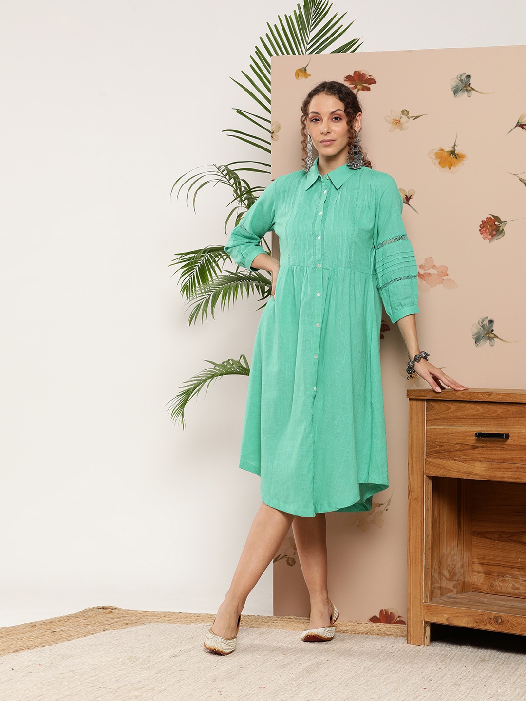 

Juniper Pleated Shirt Collar Midi Ethnic A-Line Dress, Green