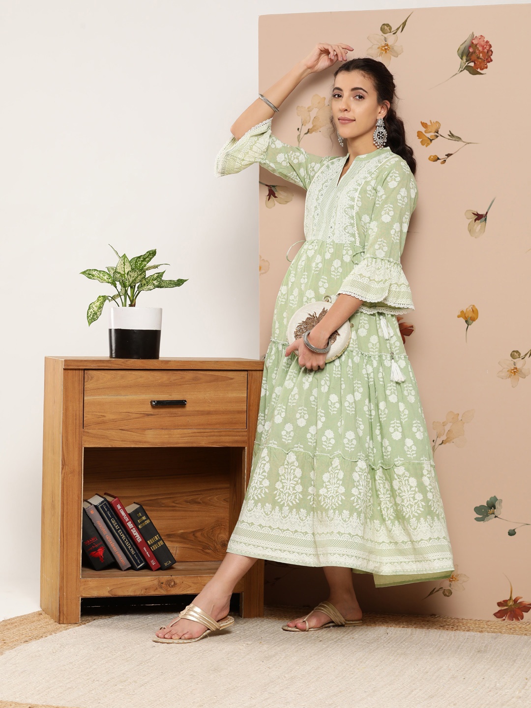 

Juniper Ethnic Motifs Printed Tiered Maxi Ethnic Fit & Flare Dress with Lace Insert Detail, Green