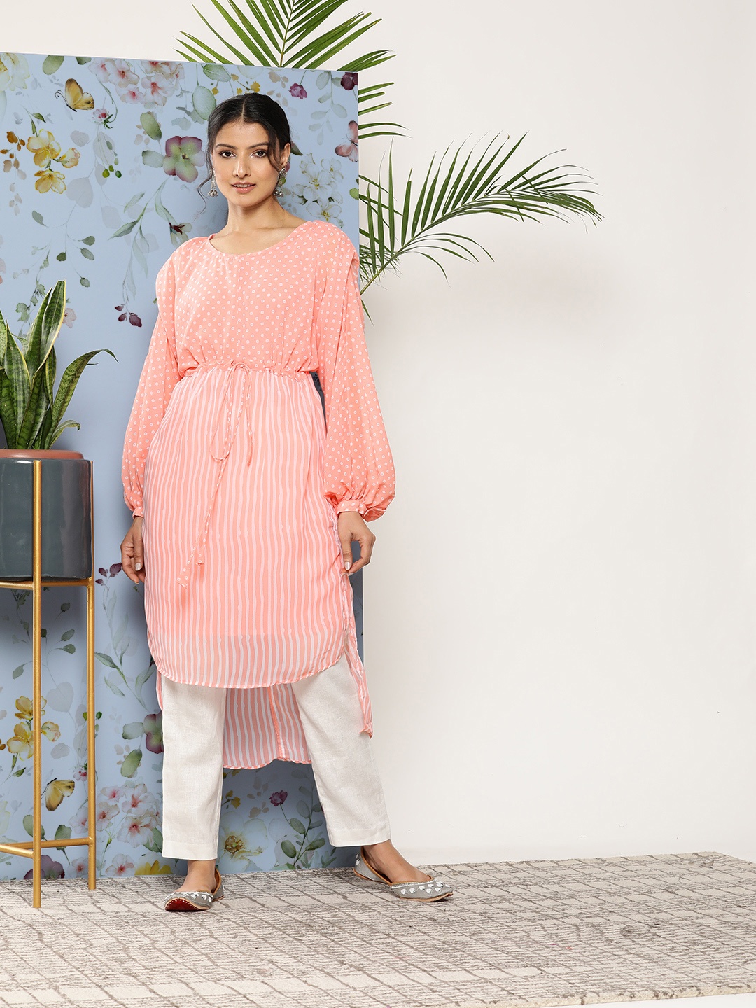 

Juniper Polka Dots Printed & Striped A-Line Kurta with Tie-Up Detail, Pink