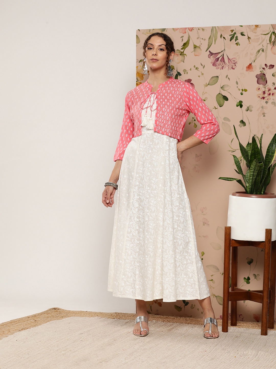 

Juniper Printed Midi Ethnic Dress With Jacket, White