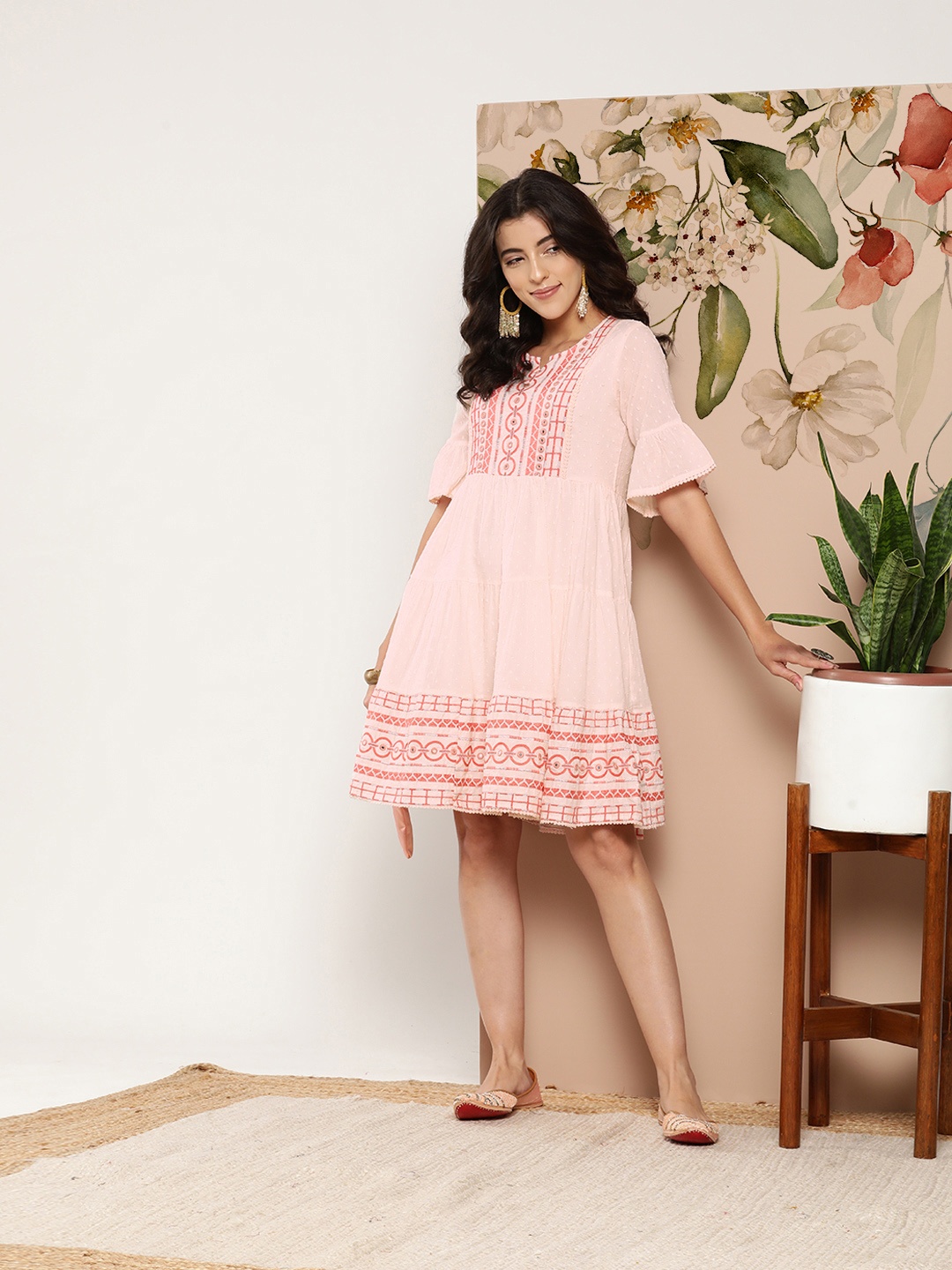 

Juniper Embroidered Embellished Flared Sleeves Tiered Dobby Ethnic Dress, Peach