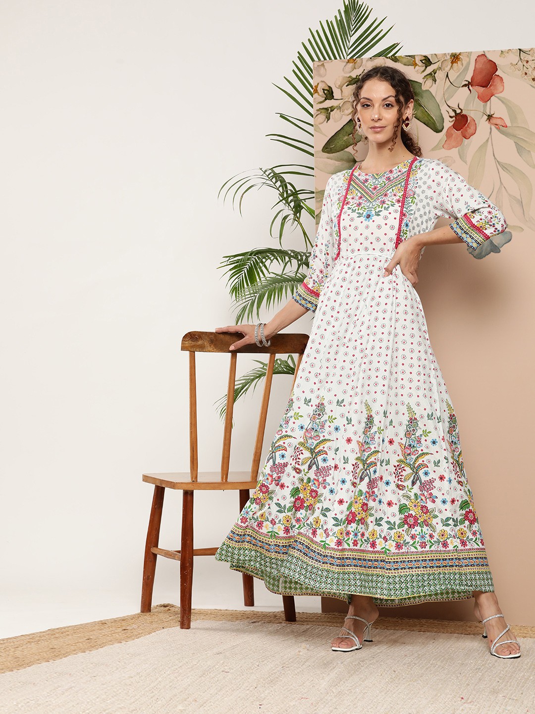

Juniper Women Ethnic Motifs Printed Tie-Ups Fit & Flare Maxi Dress, White