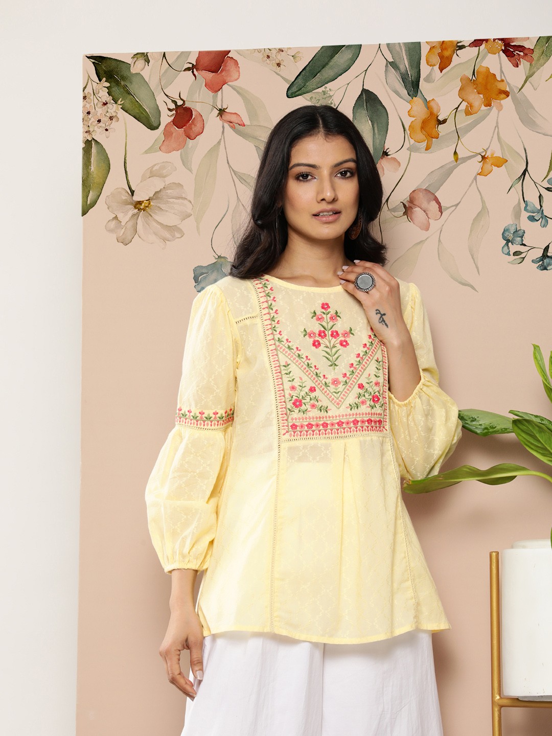 

Juniper Yellow & Red Embroidered Tunic