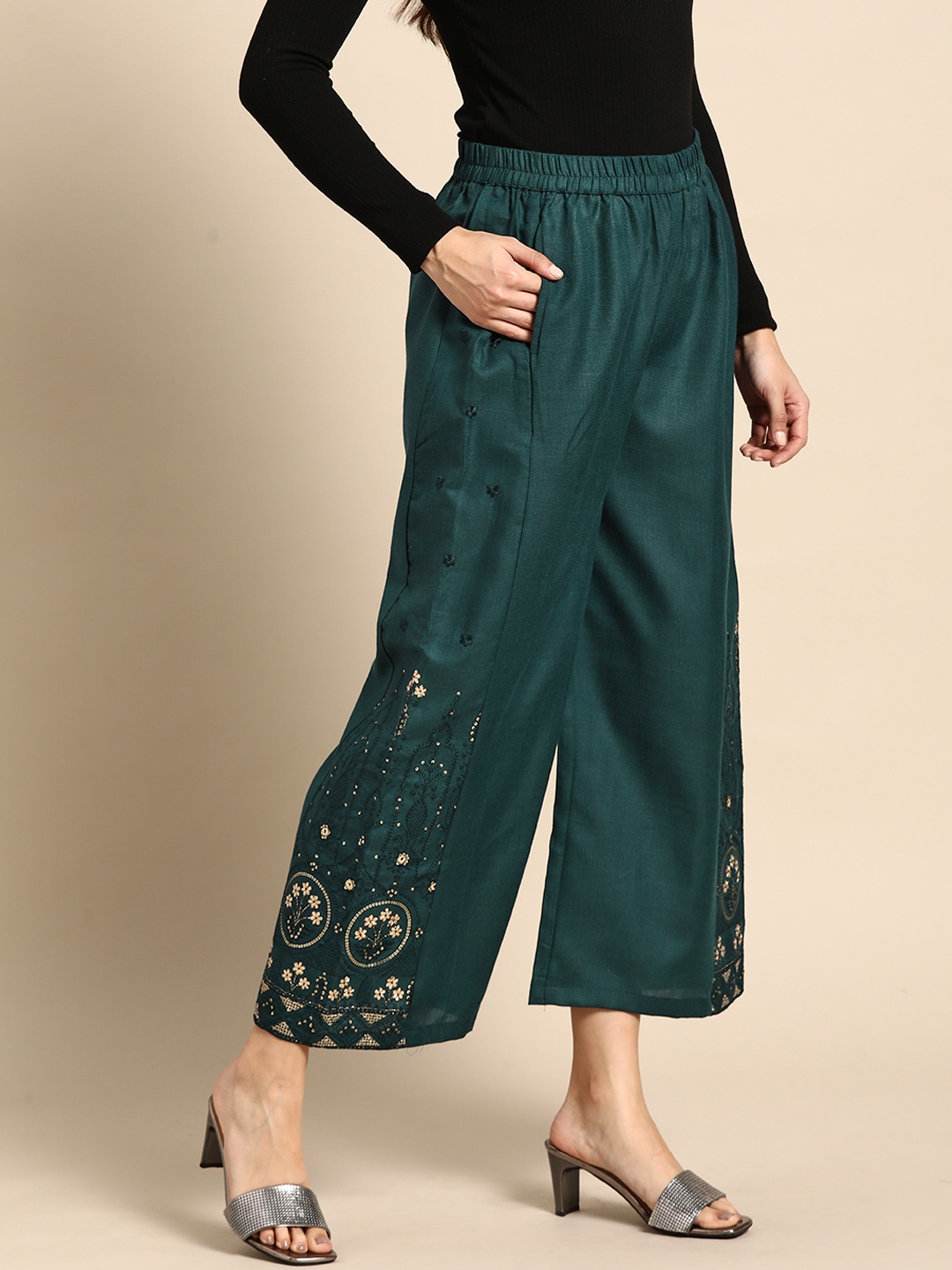 

Sangria Women Green & Olive Green Ethnic Motifs Embellished Ethnic Palazzos