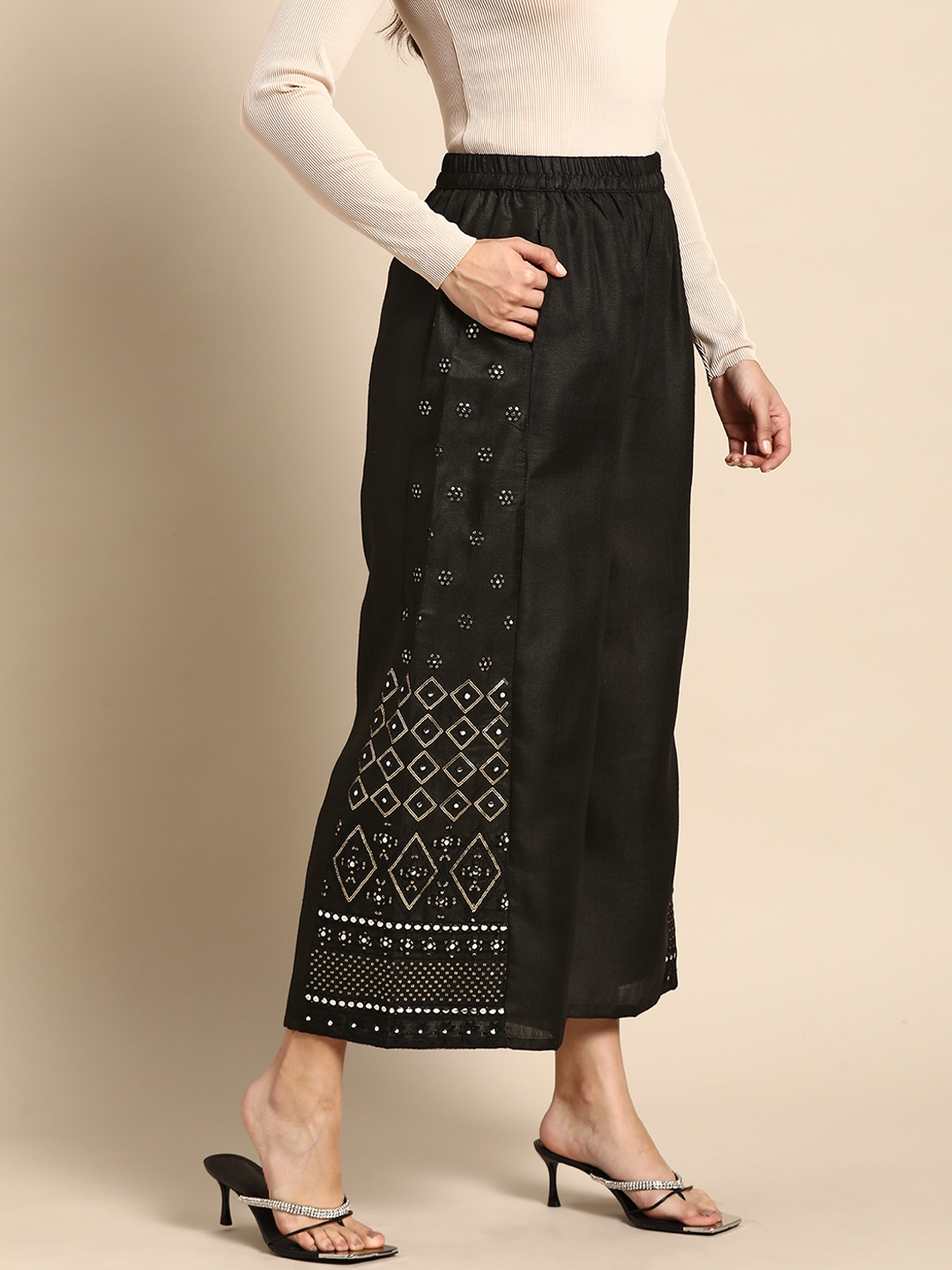 

Sangria Women Black Ethnic Motifs Embellished Ethnic Palazzos