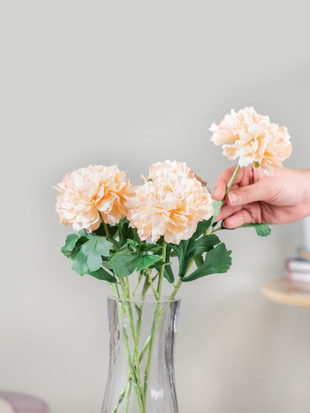 

Nestasia Set Of 5 Peach Coloured & Green Peony Artificial Flowers
