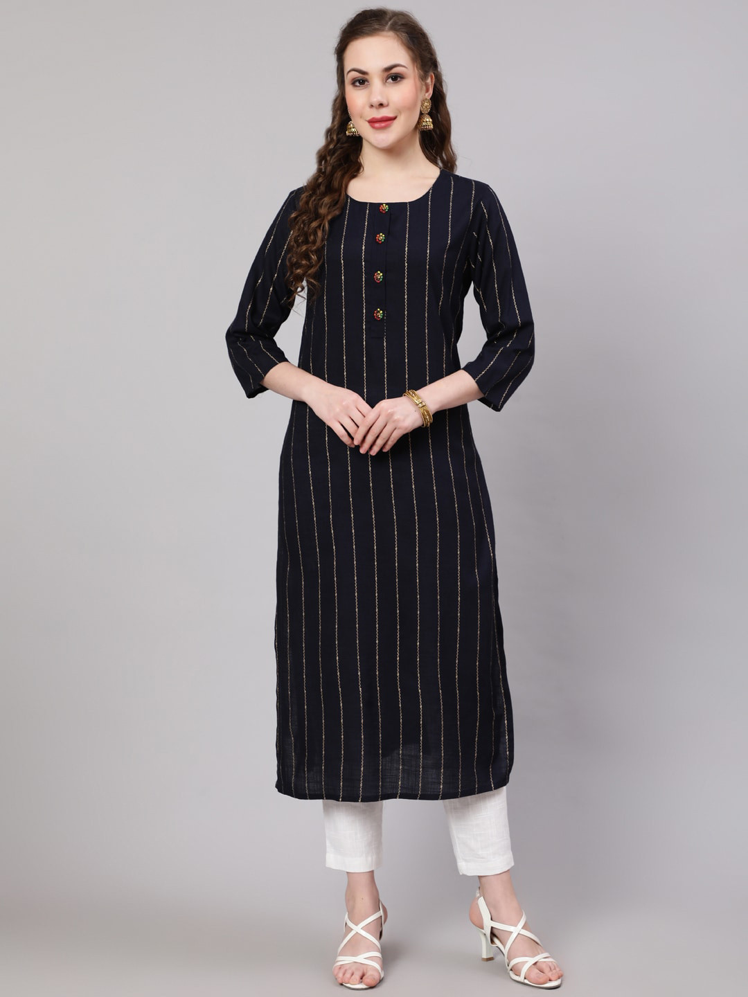 

KALINI Women Striped Kurta, Navy blue