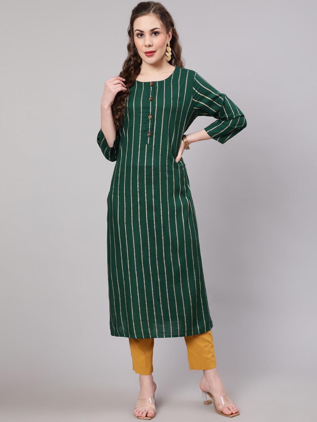 

KALINI Women Striped Indie Prints Kurta, Green