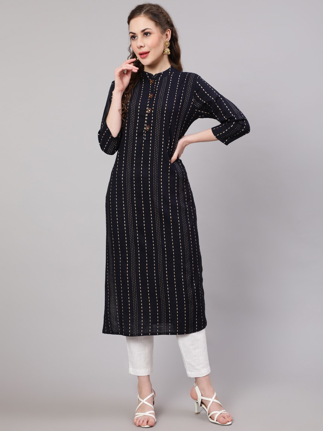 

KALINI Women Striped Print Kurta, Navy blue