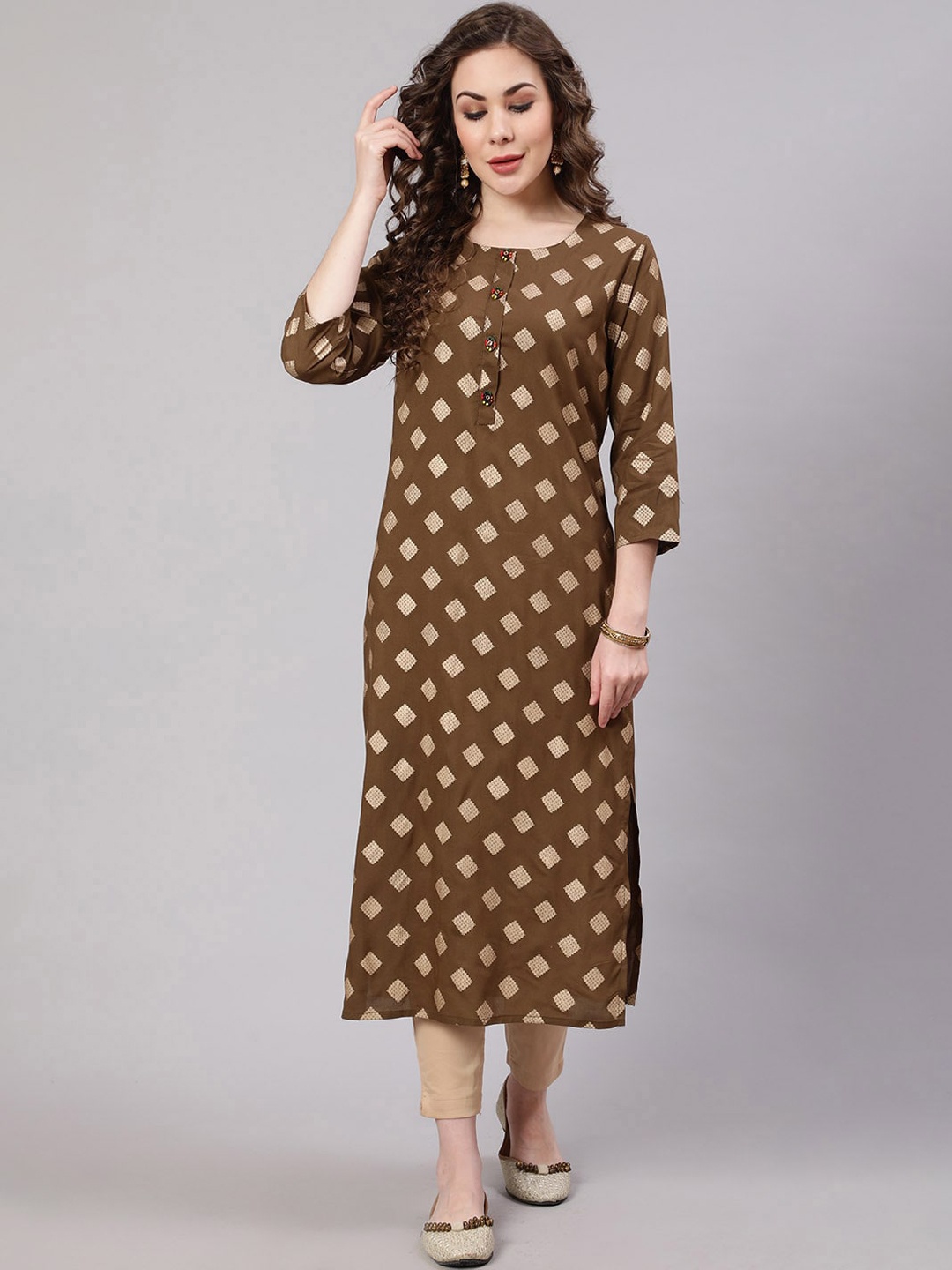 

KALINI Geometric Printed Round Neck Kurta, Brown
