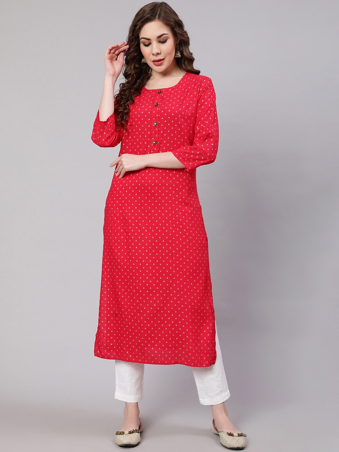 

KALINI Geometric Printed Round Neck Kurta, Pink