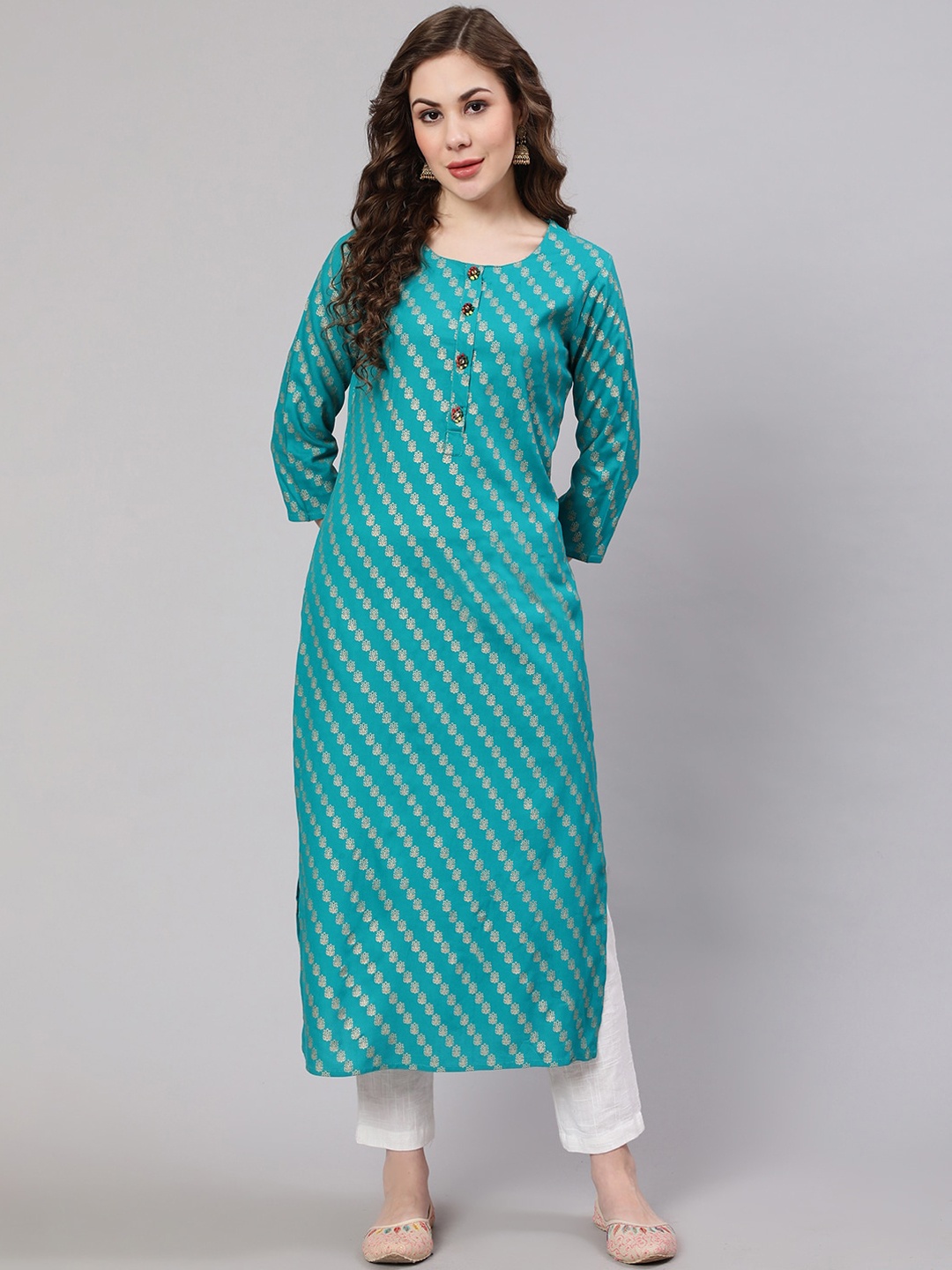 

KALINI Women Floral Printed Kurta, Turquoise blue
