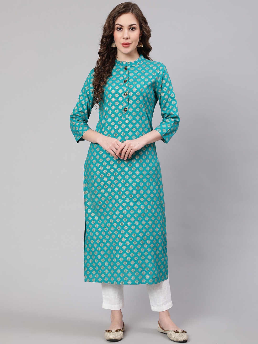 

KALINI Women Ethnic Motifs Printed Indie Prints Kurta, Turquoise blue