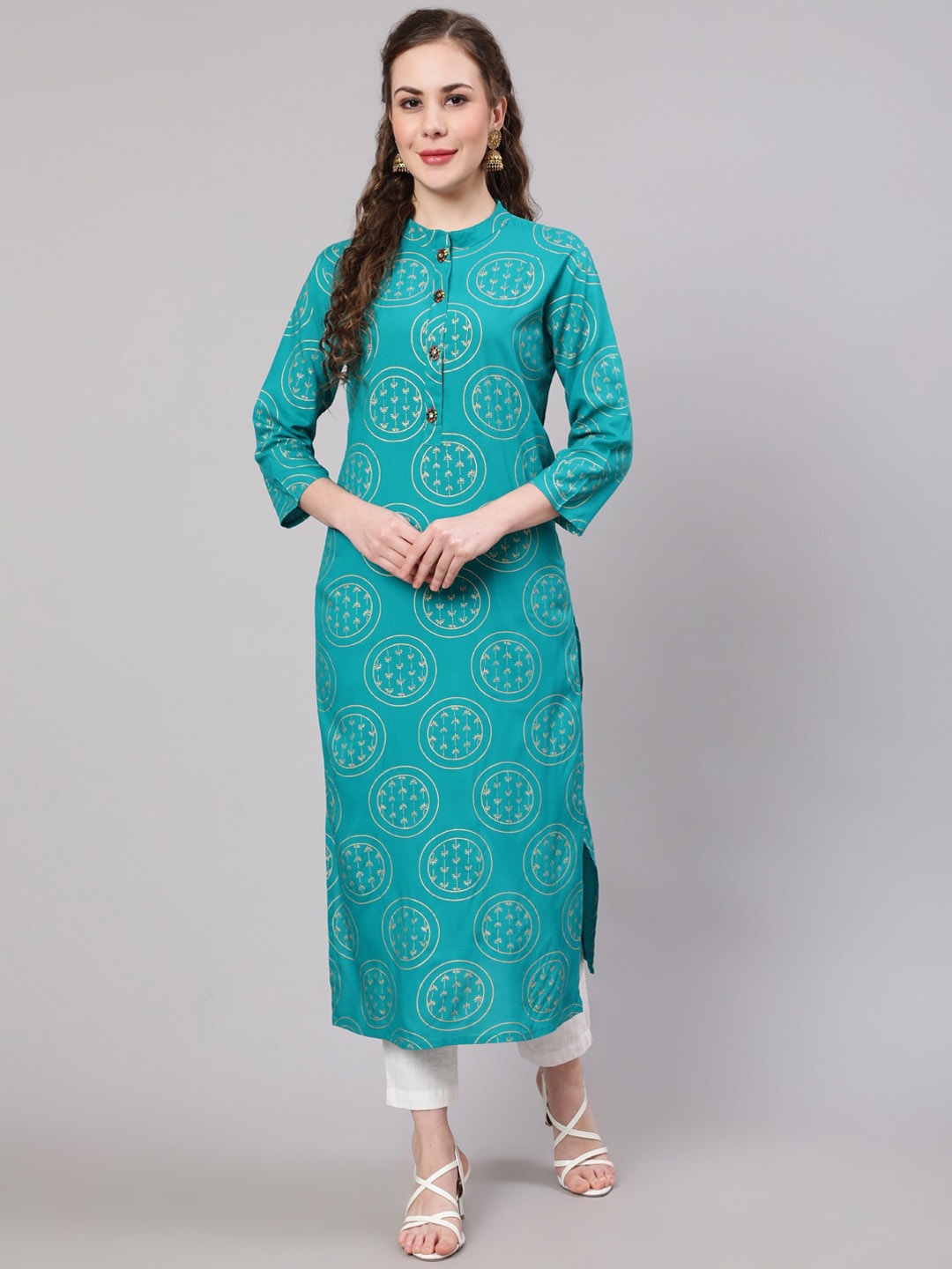 

KALINI Women Floral Printed Kurta, Turquoise blue