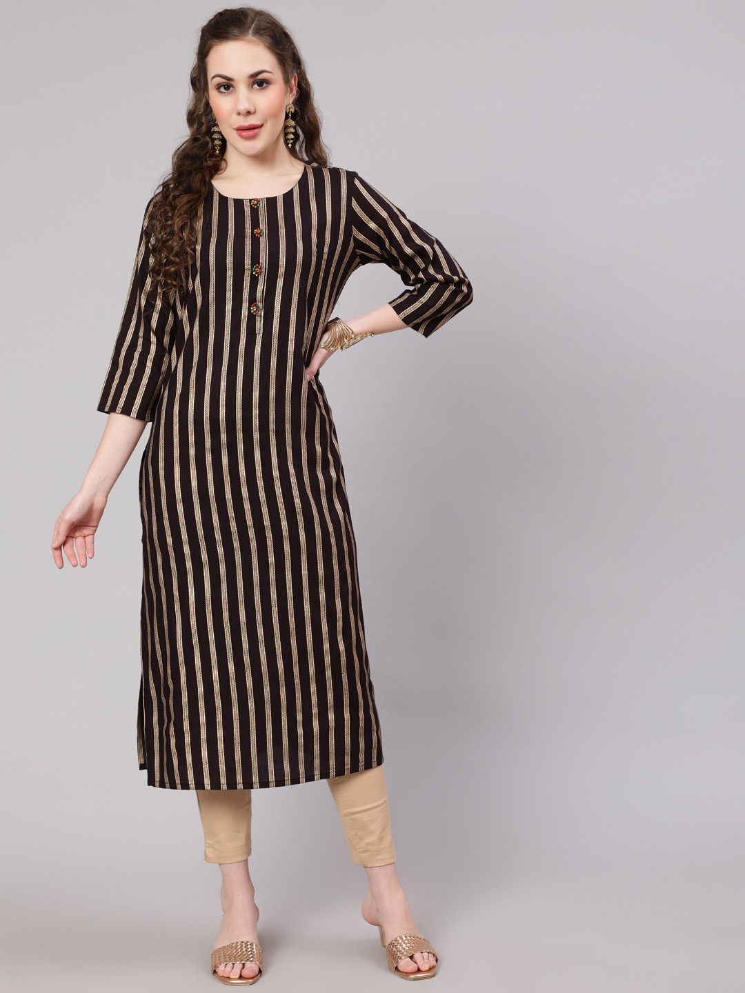 

KALINI Women Striped Kurta, Black