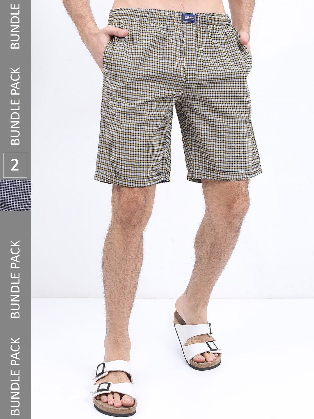 

HIGHLANDER Men Pack Of 2 Checked Lounge Shorts, Navy blue