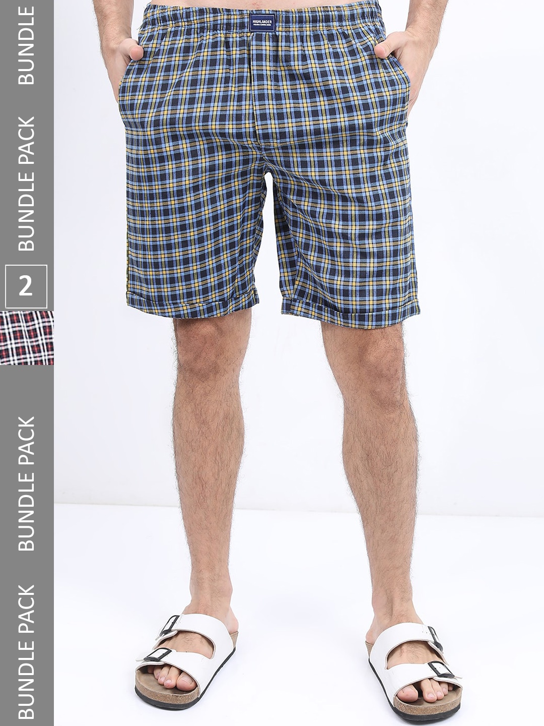 

HIGHLANDER Men Pack Of 2 Checked Lounge Shorts, Navy blue