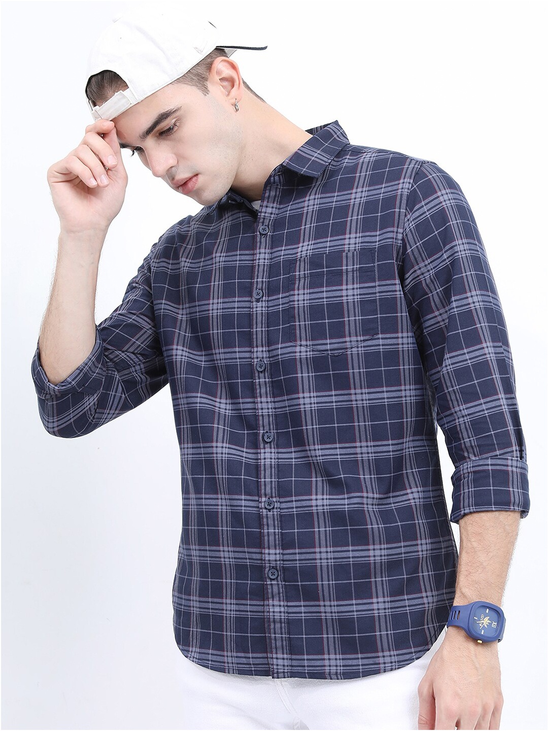 

HIGHLANDER Men Slim Fit Tartan Checked Casual Cotton Shirt, Navy blue
