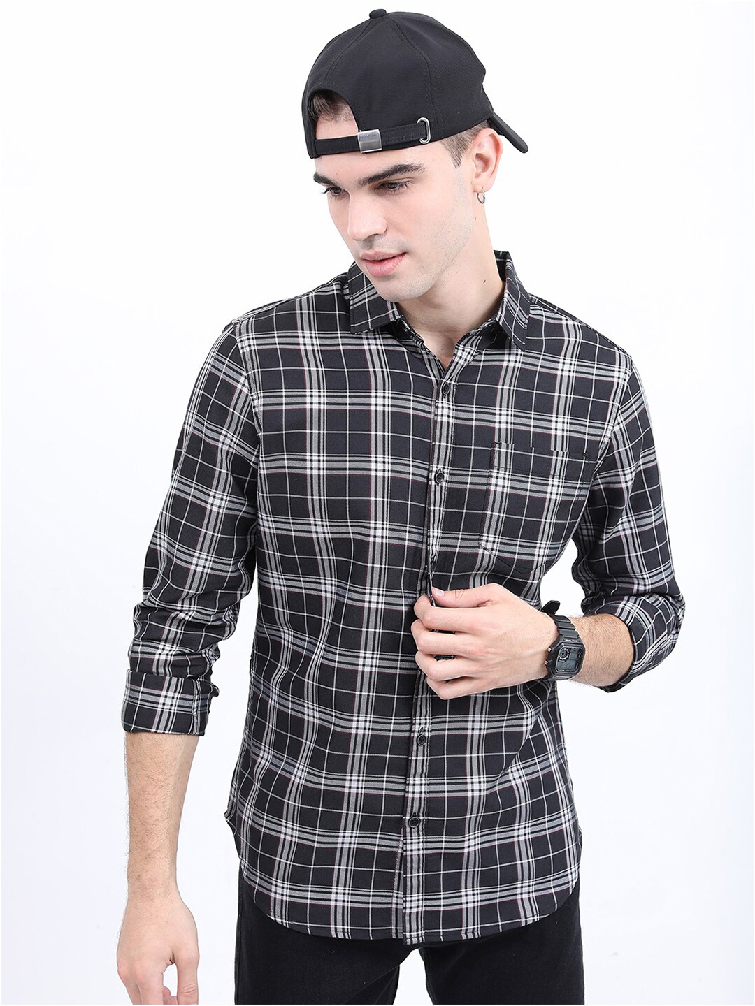 

HIGHLANDER Men Slim Fit Tartan Checks Casual Shirt, Black