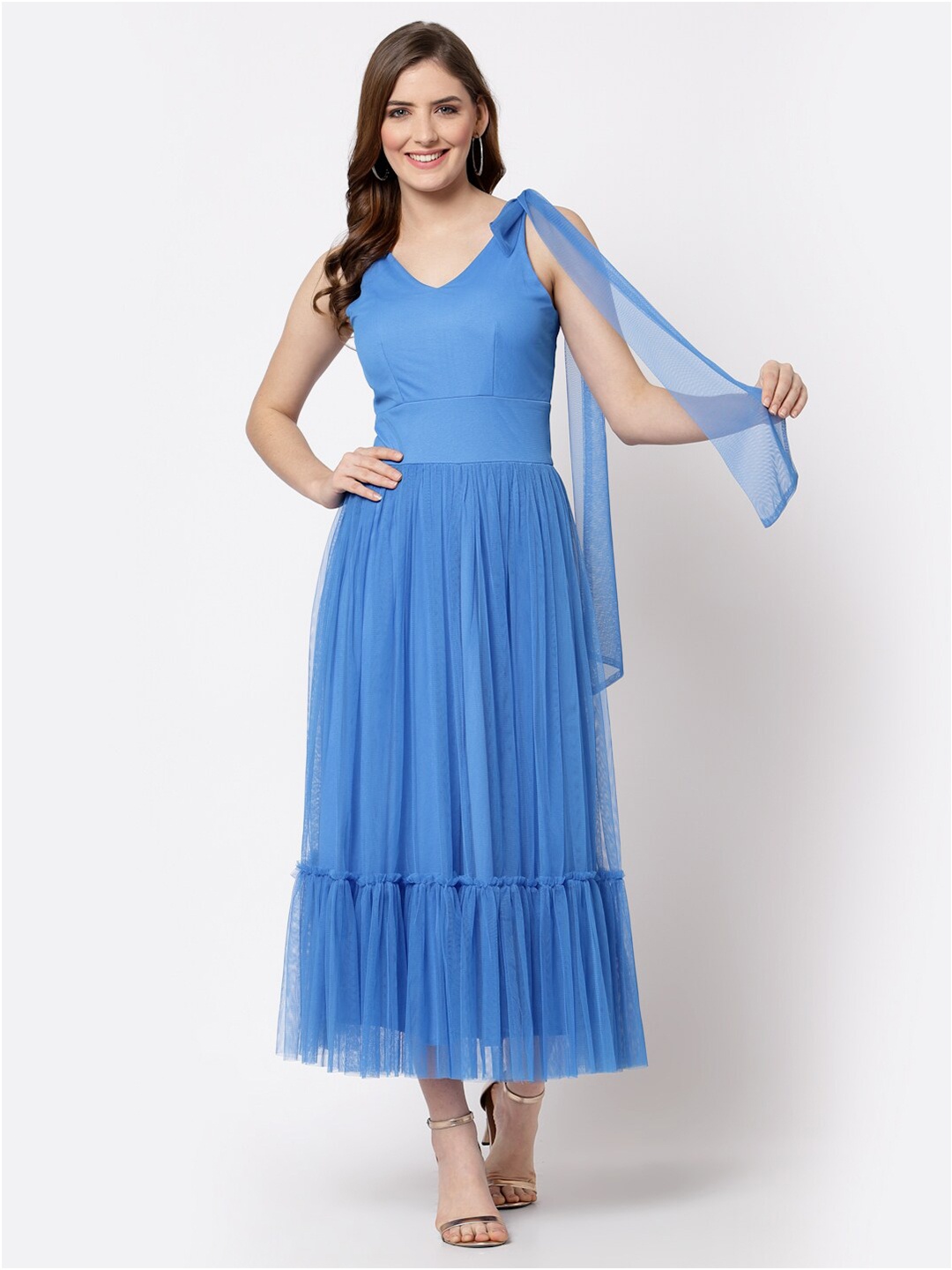 

Just Wow Flounce hemline Tie-Up Deatiled Net Midi Fit & Flare Dress, Blue