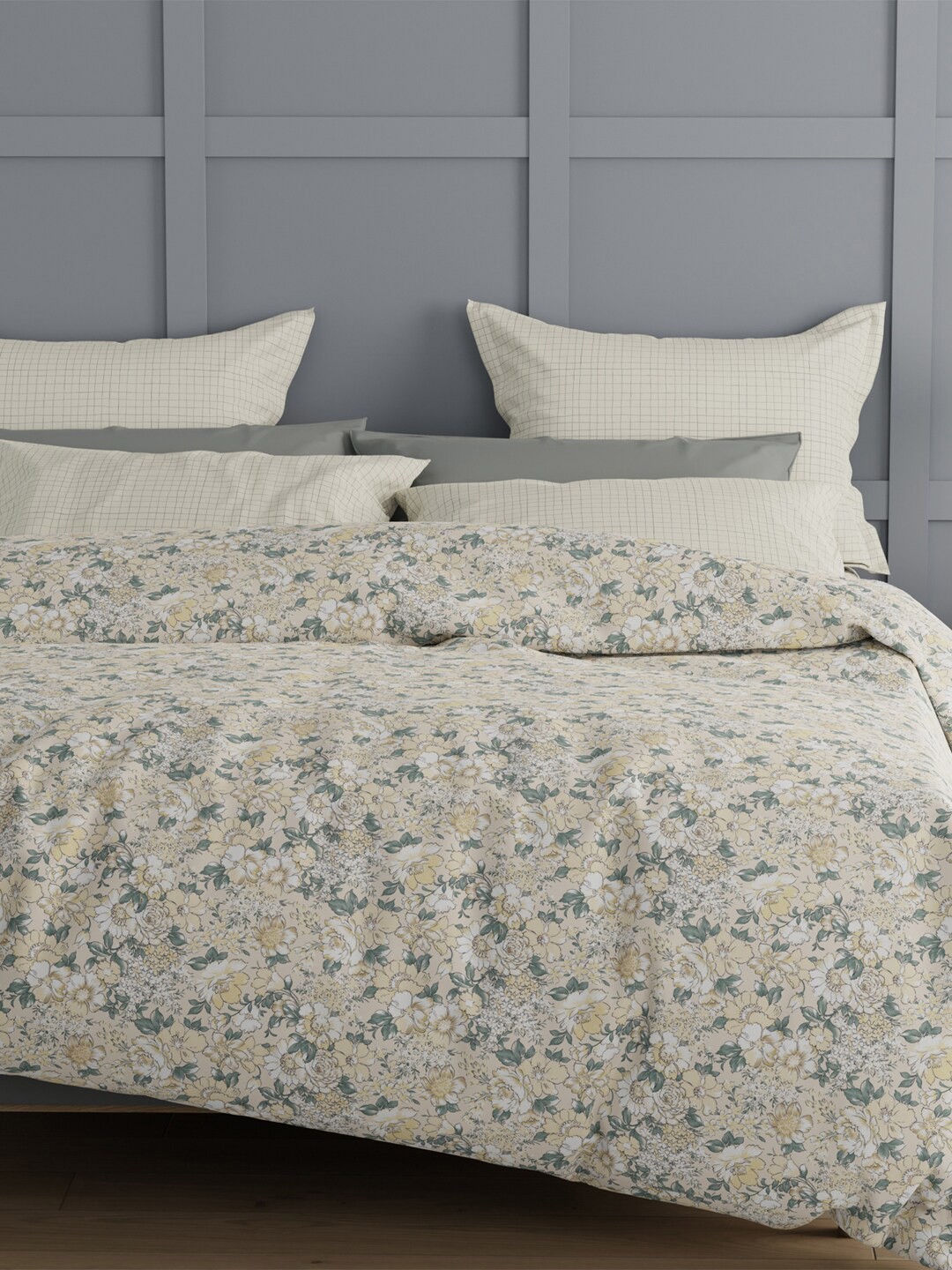 

MYTRIDENT Aroma Beige White Floral 144 TC Flat Cotton King Bedsheet with 2 Pillow Covers