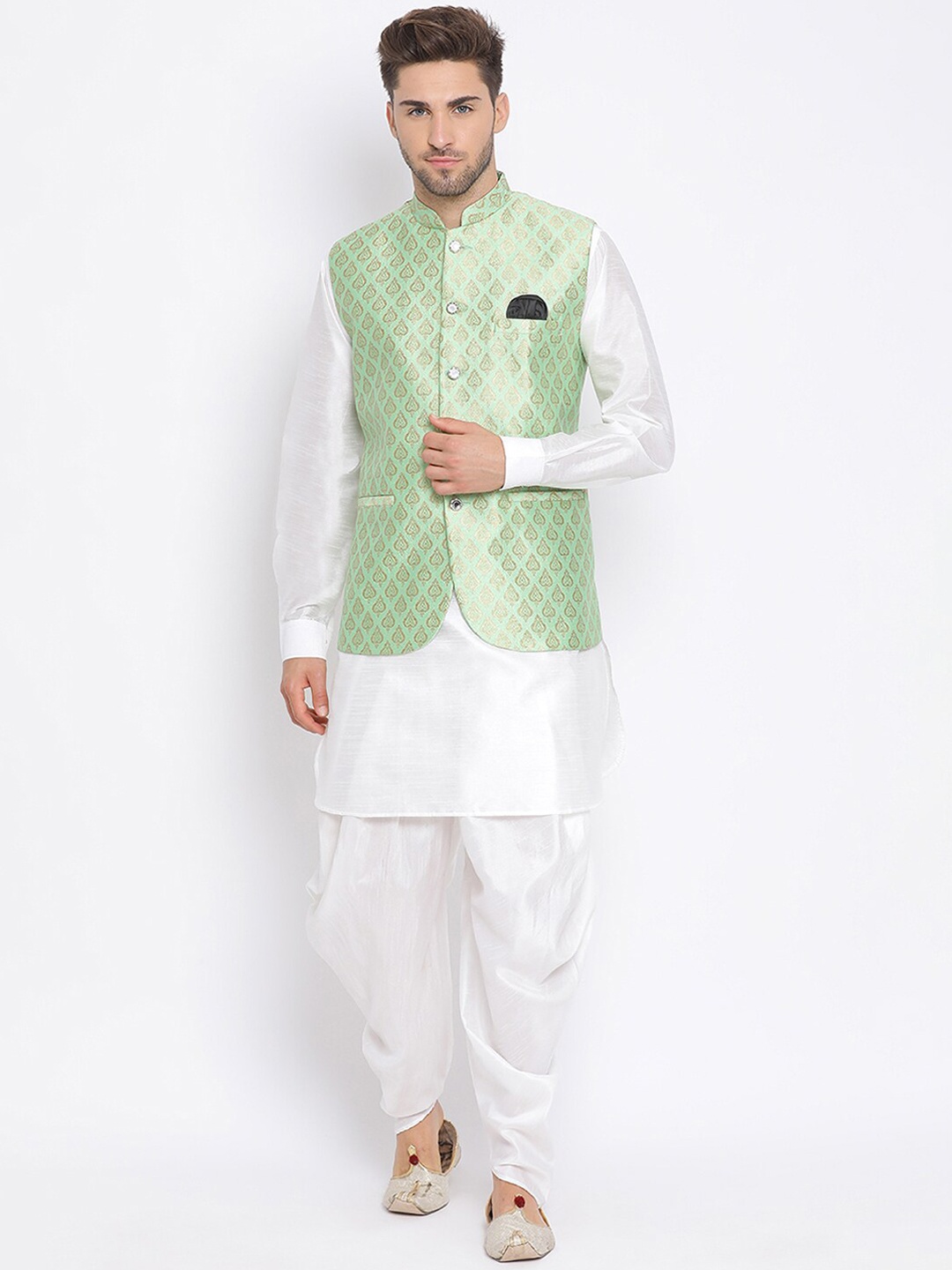 

Hangup Men Kurta With Dhoti Pants & Printed Nehru Jacket, White