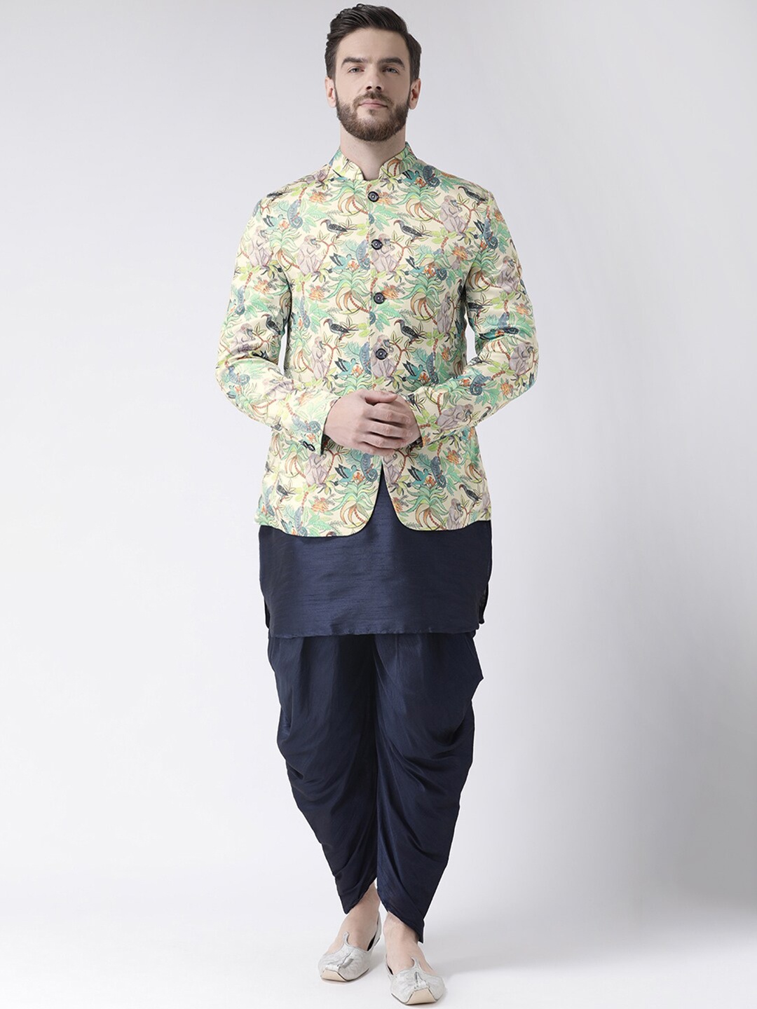 

Hangup Men Kurta with Harem Pants & Printed Nehru Jacket, Navy blue