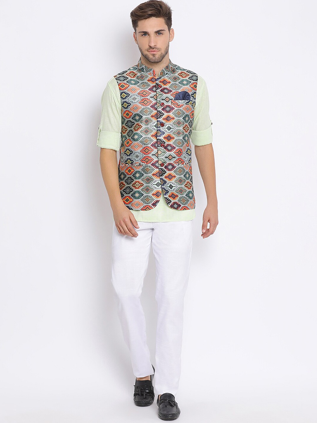 

Hangup Men Kurta with Trousers & Printed Nehru Jacket, Green