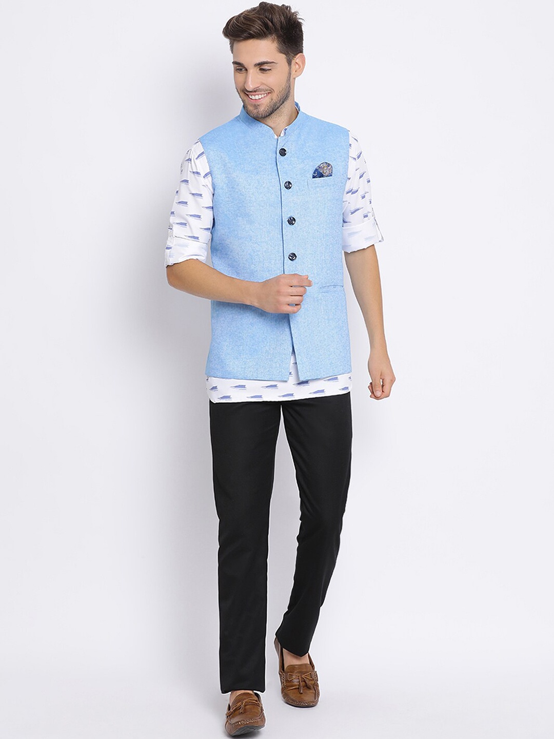 

Hangup Men Printed Kurta with Trousers & Printed Nehru Jacket, Blue