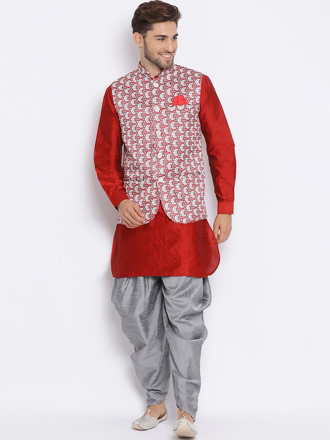 

Hangup Men Kurta with Harem Pants & Printed Nehru Jacket, Red