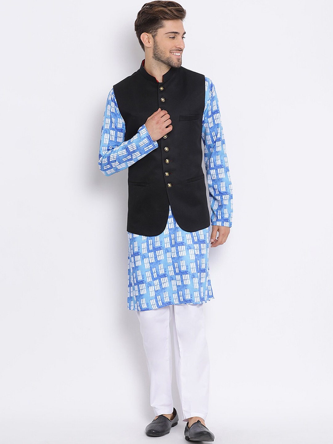 

Hangup Men Printed Kurta with Pyjamas & Nehru Jacket, Blue