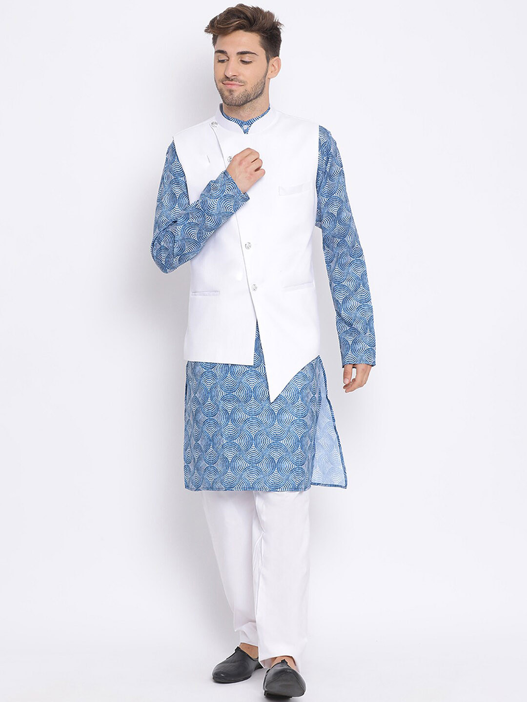 

Hangup Men Printed 3 Piece Kurta with Pyjama & Jacket, White