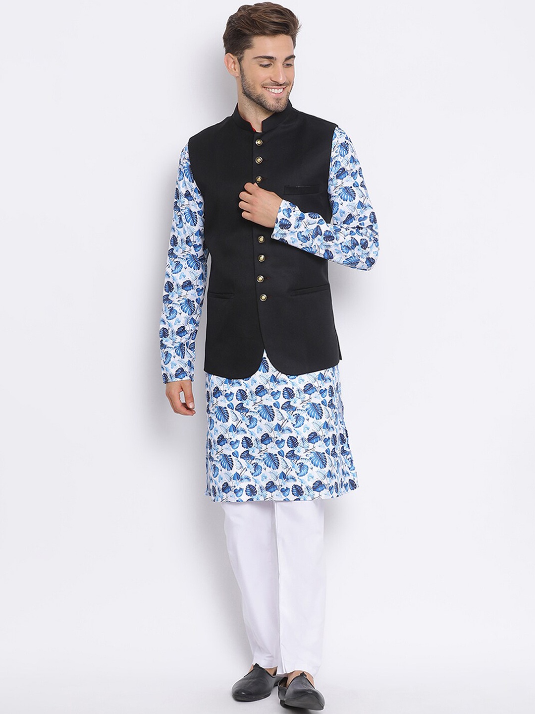 

Hangup Men Floral Printed Kurta with Pyjamas & Nehru Jacket, Blue