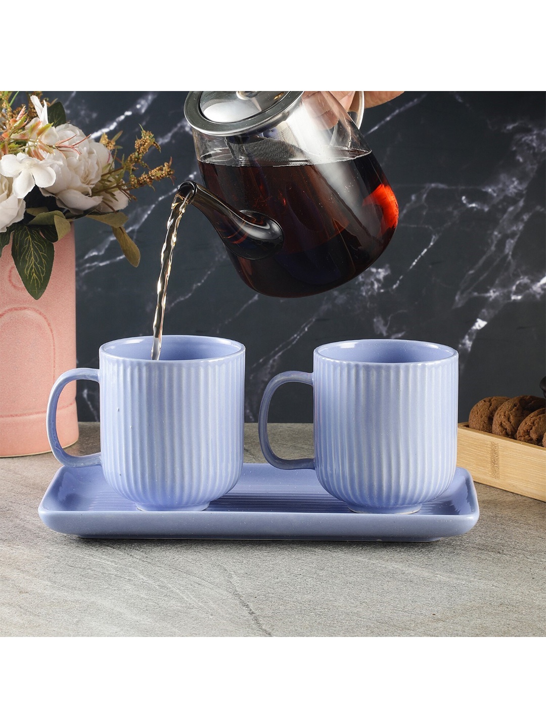 

The Decor Mart Lilac Blue Set of 3 Textured Ceramic Glossy Mugs with Tray 411 ml Each