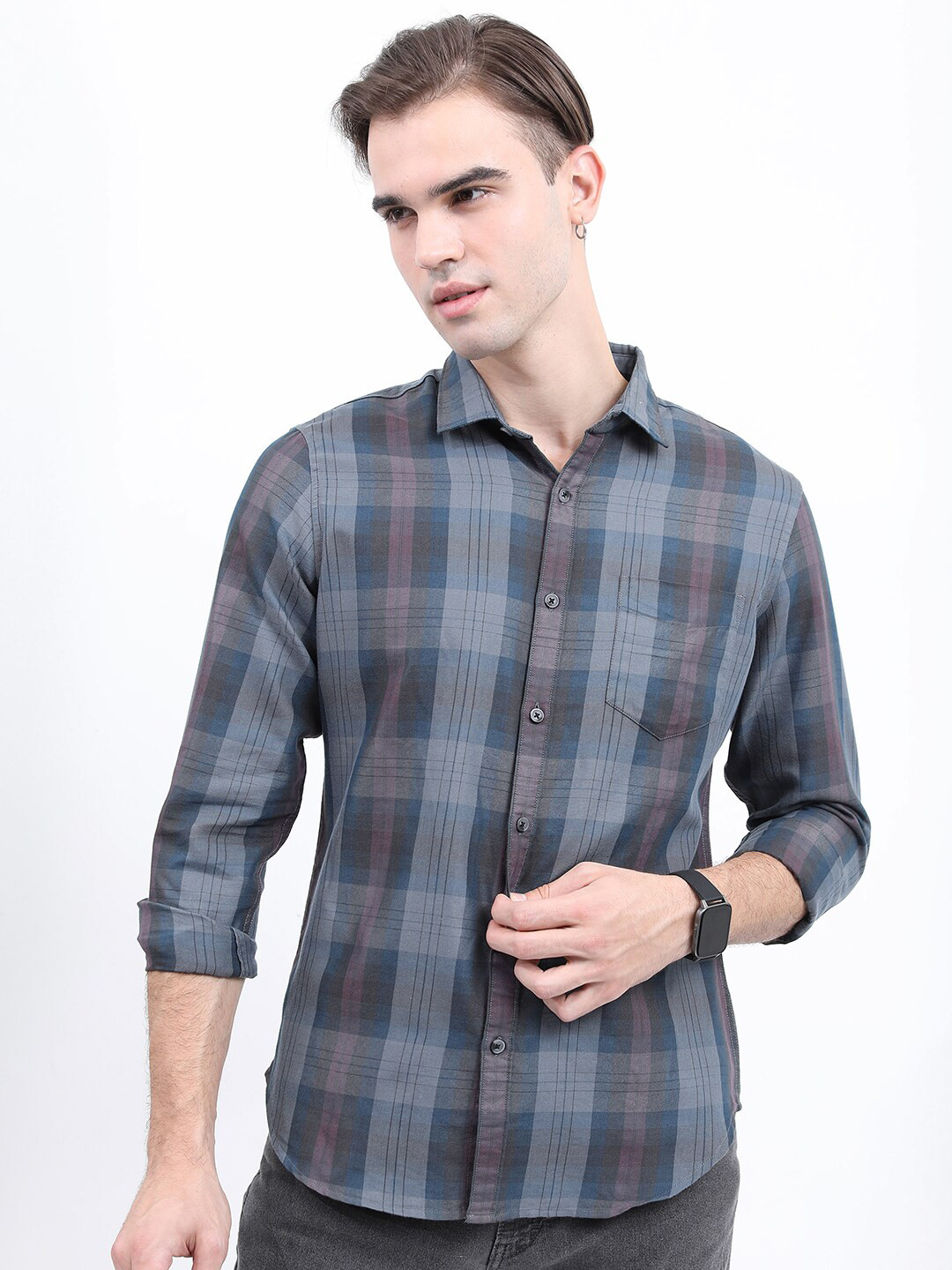 

KETCH Men Cotton Slim Fit Tartan Checks Casual Shirt, Grey