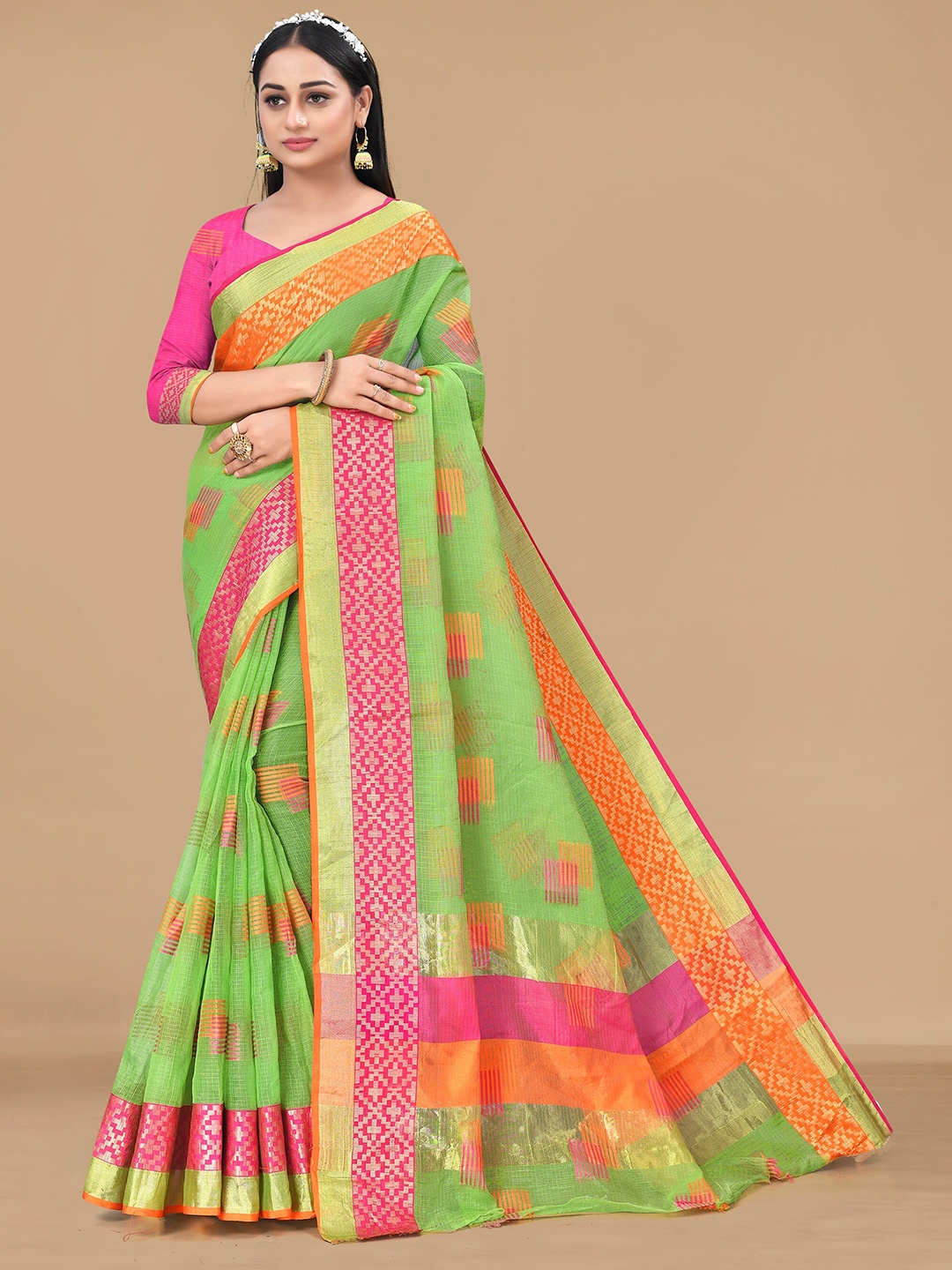 

Sidhidata Lime Woven Design Zari Silk Cotton Kota Saree, Lime green