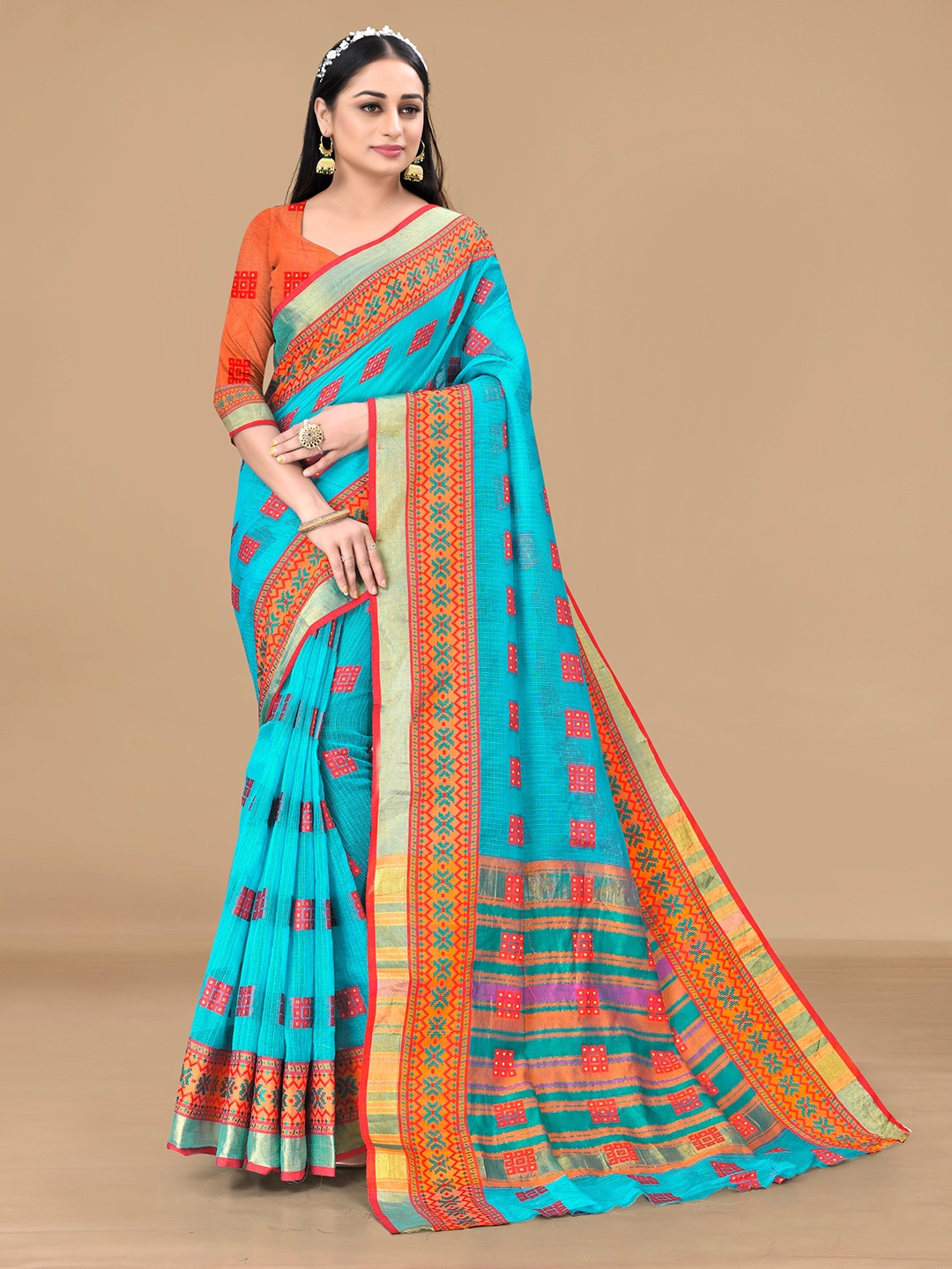 

Sidhidata Zari Silk Cotton Kota Saree, Turquoise blue