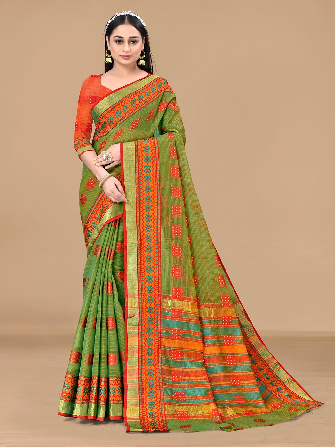 

Sidhidata Zari Silk Cotton Kota Saree, Green