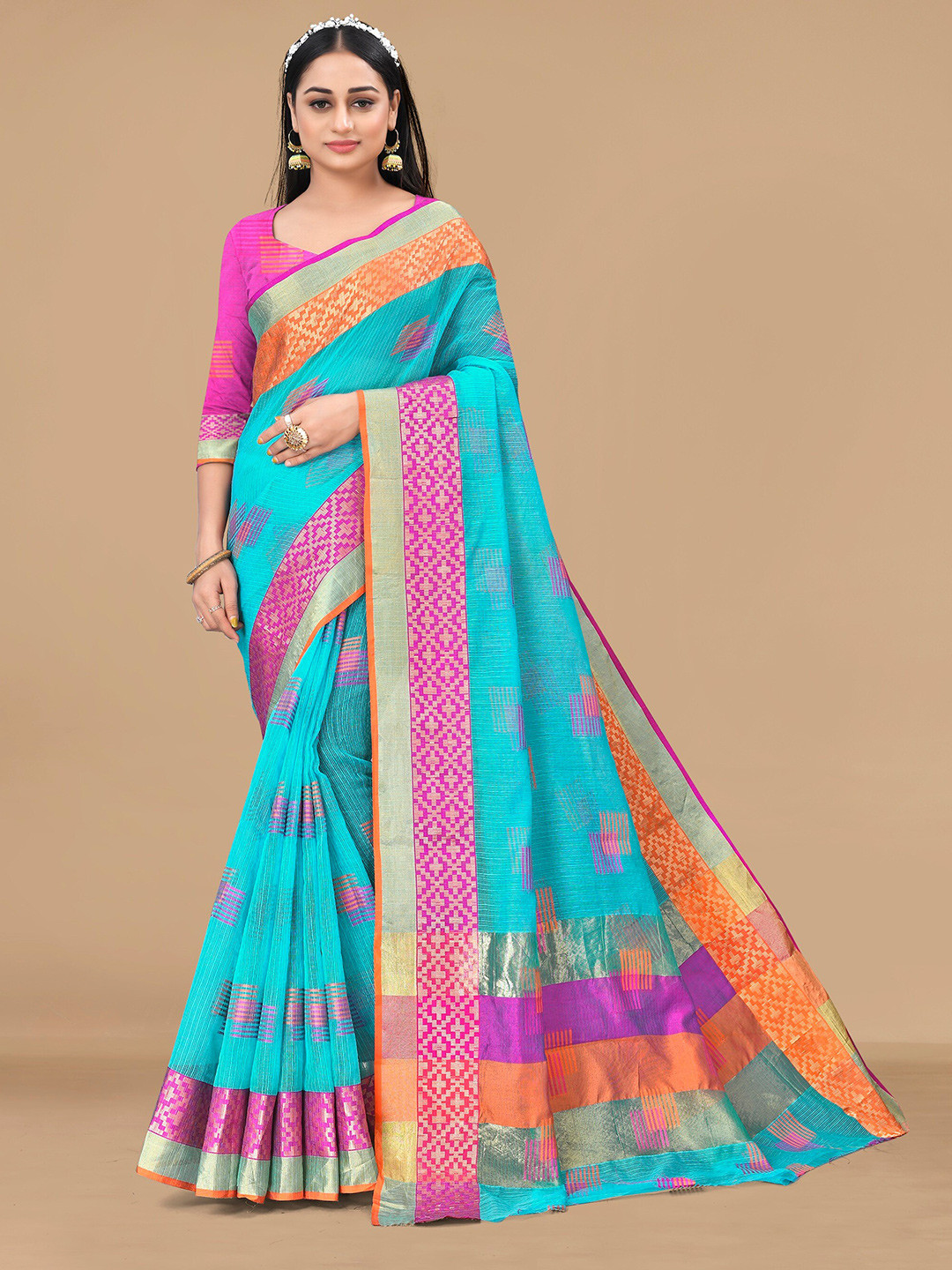 

Sidhidata Turquoise Silk Cotton Kota Saree, Turquoise blue