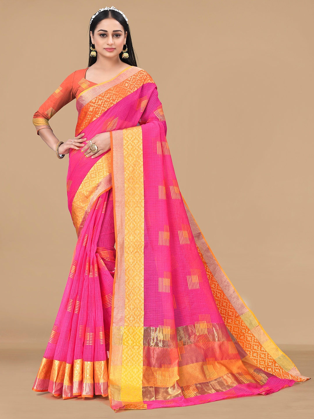 

Sidhidata Zari Silk Cotton Kota Saree, Pink