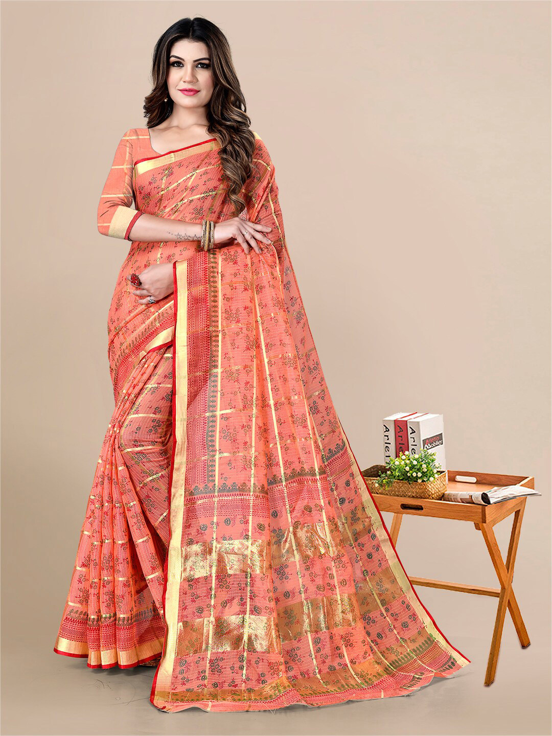 

Sidhidata Ethnic Motifs Zari Silk Cotton Kota Saree, Peach