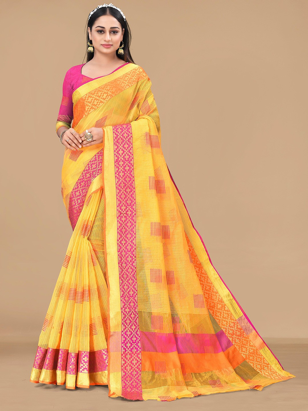 

Sidhidata Woven Design Silk Cotton Kota Saree, Yellow