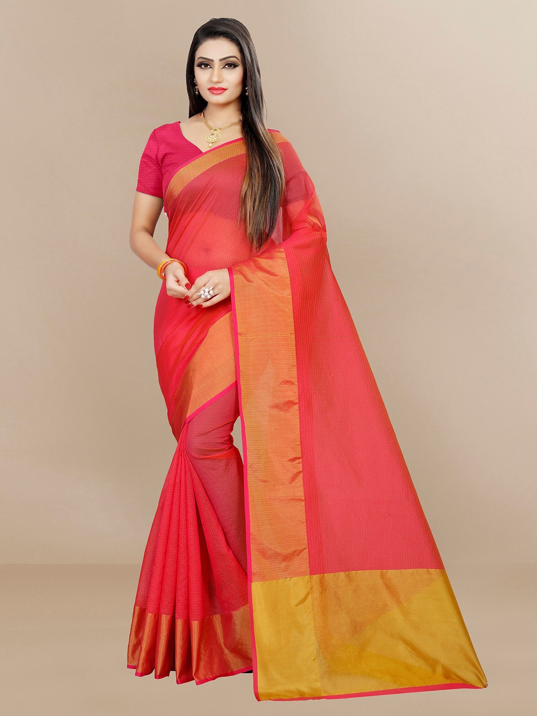 

Sidhidata Red & Gold-Toned Woven Design Zari Silk Cotton Kota Saree